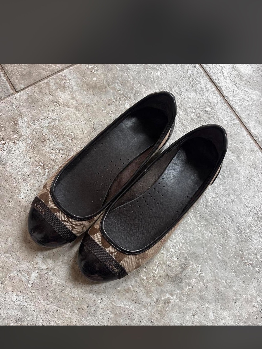 Coach Beige Signature Canvas and Black Leather Trim Ballet Flats